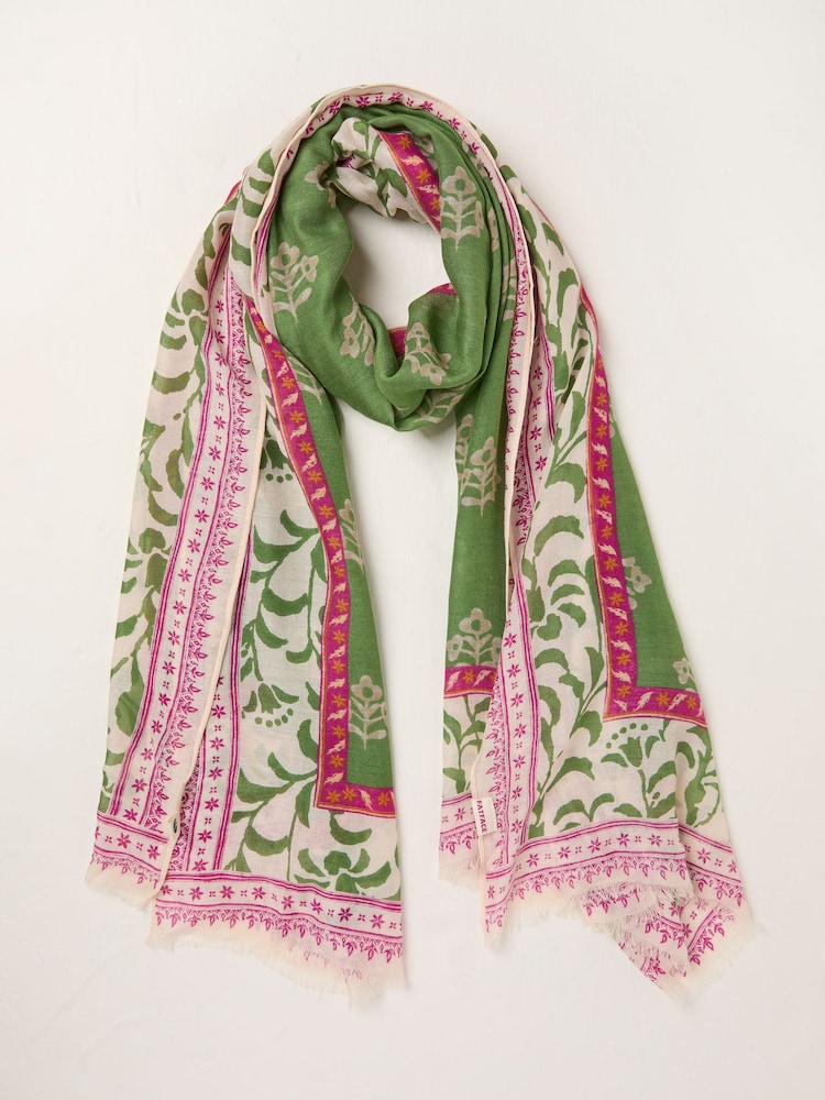 FatFace Green Woodblock Printed Lightweight Scarf - Image 1 of 2
