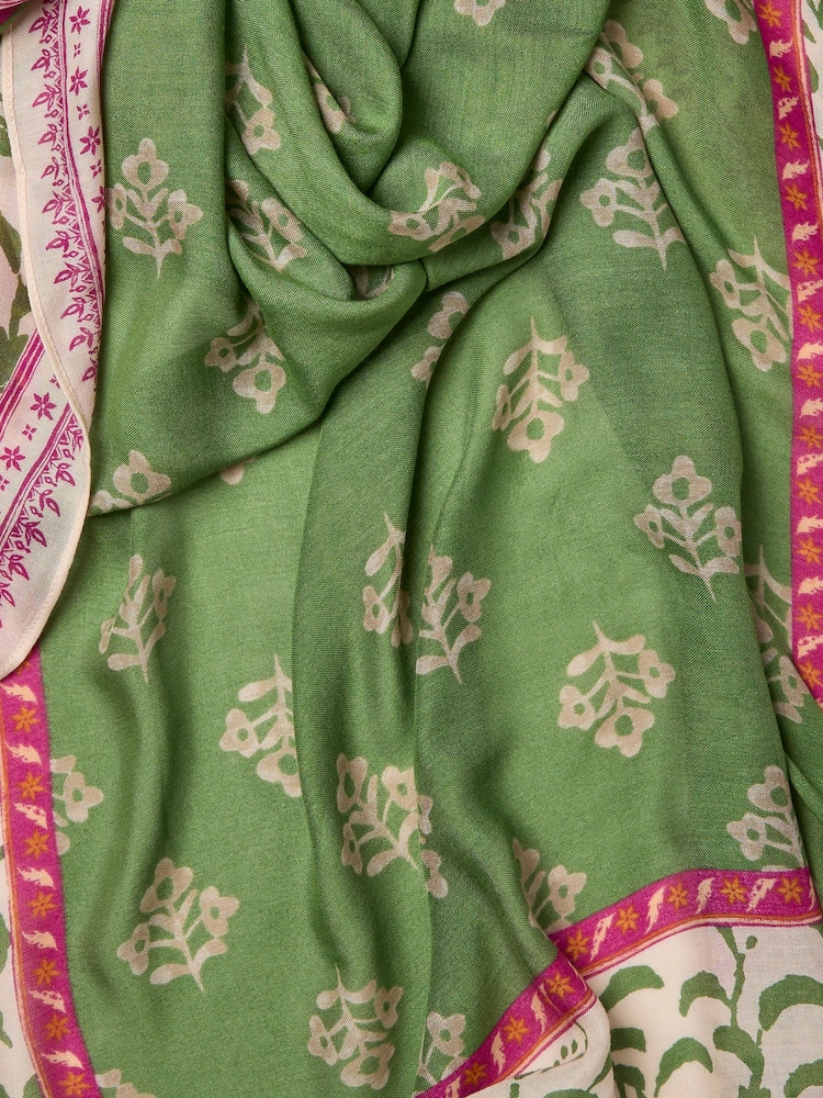 FatFace Green Woodblock Printed Lightweight Scarf - Image 2 of 2