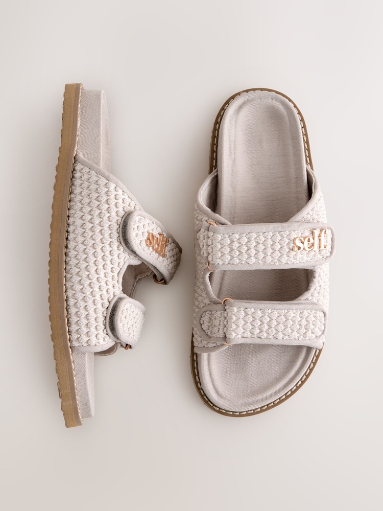 self. Grey Textured Double Band Slider Slippers - Image 1 of 5
