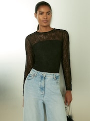 Reiss Black Bernice Lace Double-Layer Bodysuit - Image 4 of 6