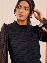 Love & Roses Black Mesh Spot Jersey Crew Neck Long Sleeve Mini Dress - Image 2 of 4