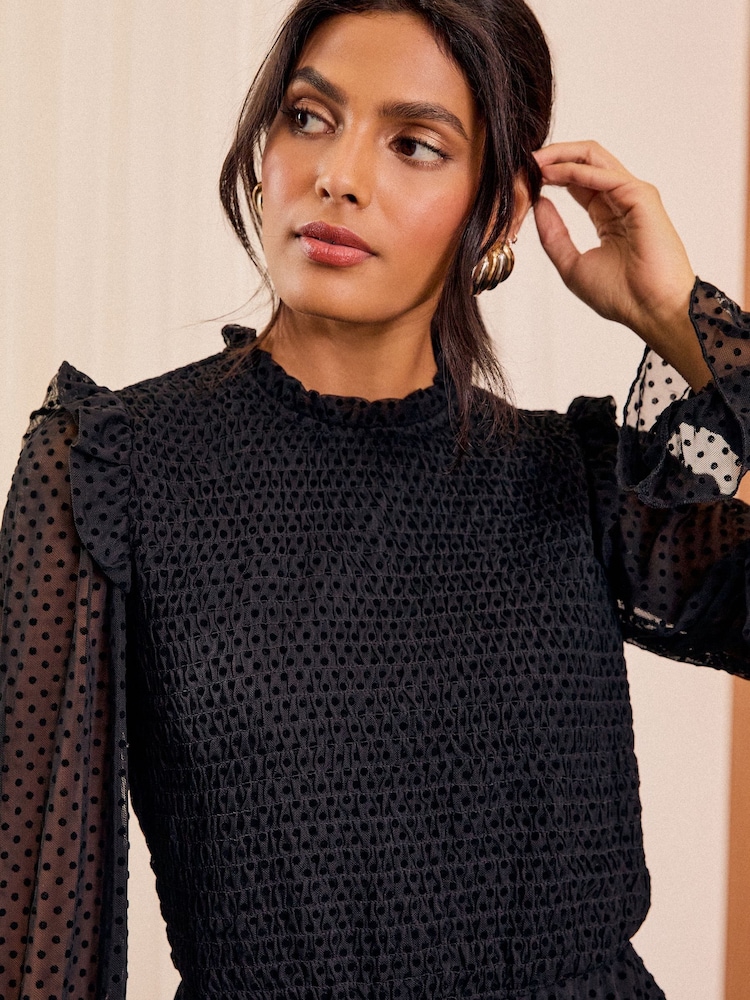 Love & Roses Black Mesh Spot Jersey Crew Neck Long Sleeve Mini Dress - Image 2 of 4