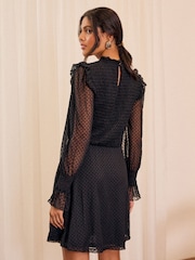 Love & Roses Black Mesh Spot Jersey Crew Neck Long Sleeve Mini Dress - Image 4 of 4