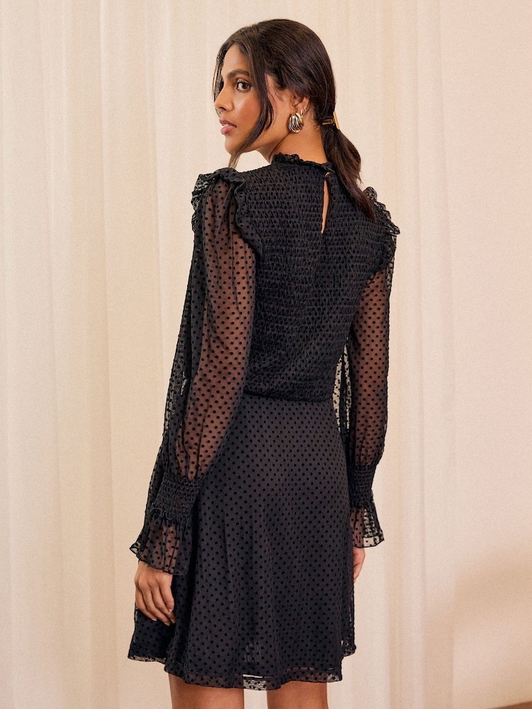 Love & Roses Black Mesh Spot Jersey Crew Neck Long Sleeve Mini Dress - Image 4 of 4
