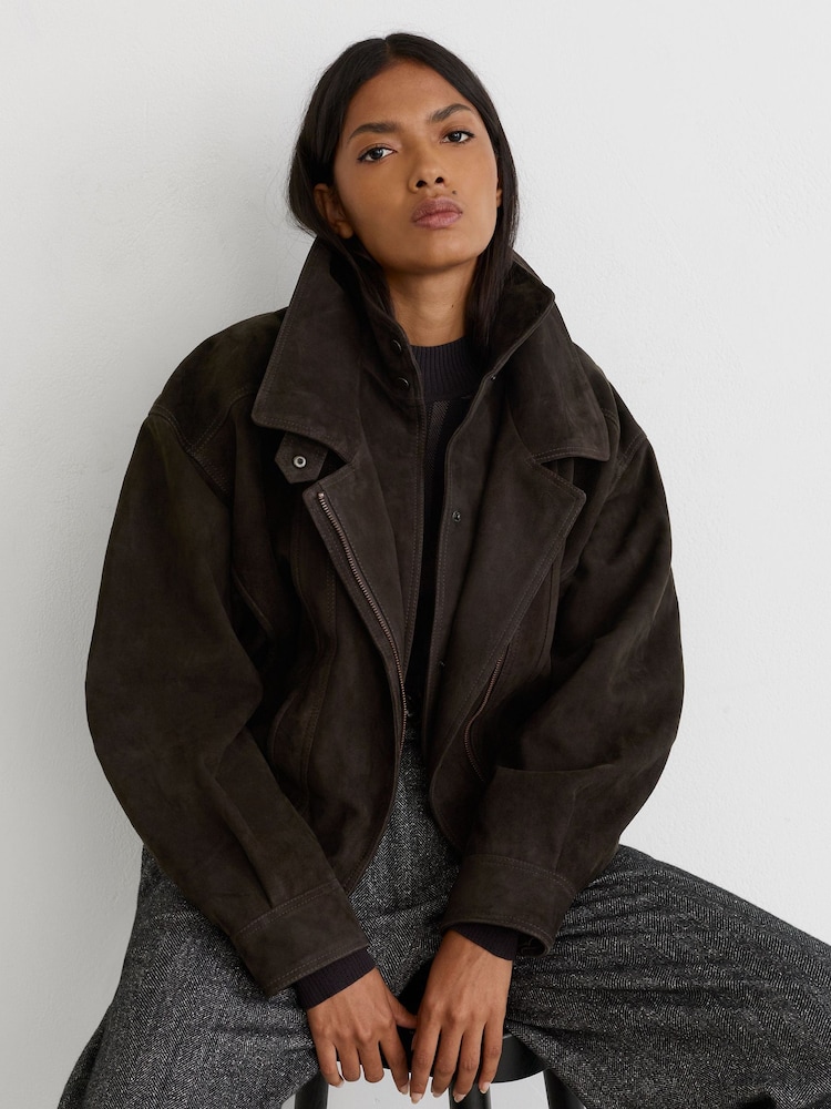 Reiss Coffee Brown Noa Suede Double-Layer Relaxed-Fit Jacket - Image 1 of 8 Reiss Coffee Brown Noa Suede Double-Layer Relaxed-Fit Jacket - Image 1 of 8