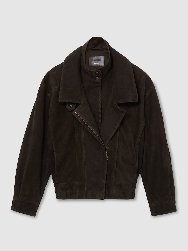 Reiss Coffee Brown Noa Suede Double-Layer Relaxed-Fit Jacket - Image 2 of 8 Reiss Coffee Brown Noa Suede Double-Layer Relaxed-Fit Jacket - Image 2 of 8