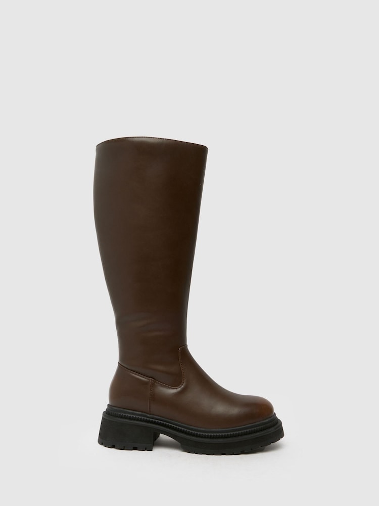Schuh Wide Fit Delma Pull On Brown Boots - Image 1 of 4 Schuh Wide Fit Delma Pull On Brown Boots - Image 1 of 4
