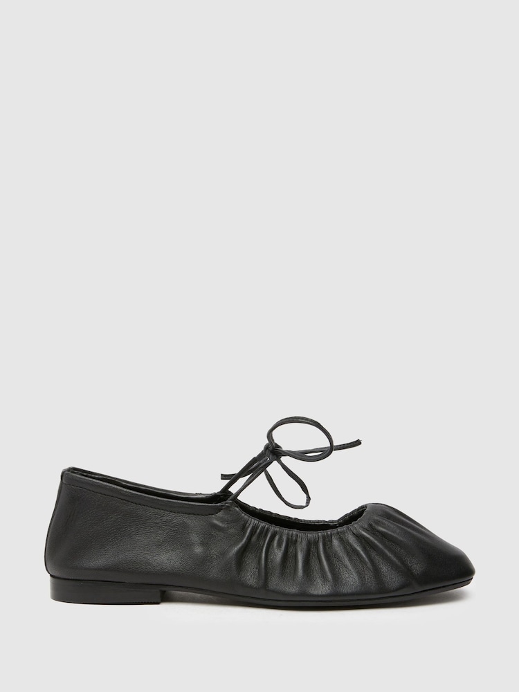 Schuh Lindy Leather Ruched Black Ballerinas - Image 1 of 4