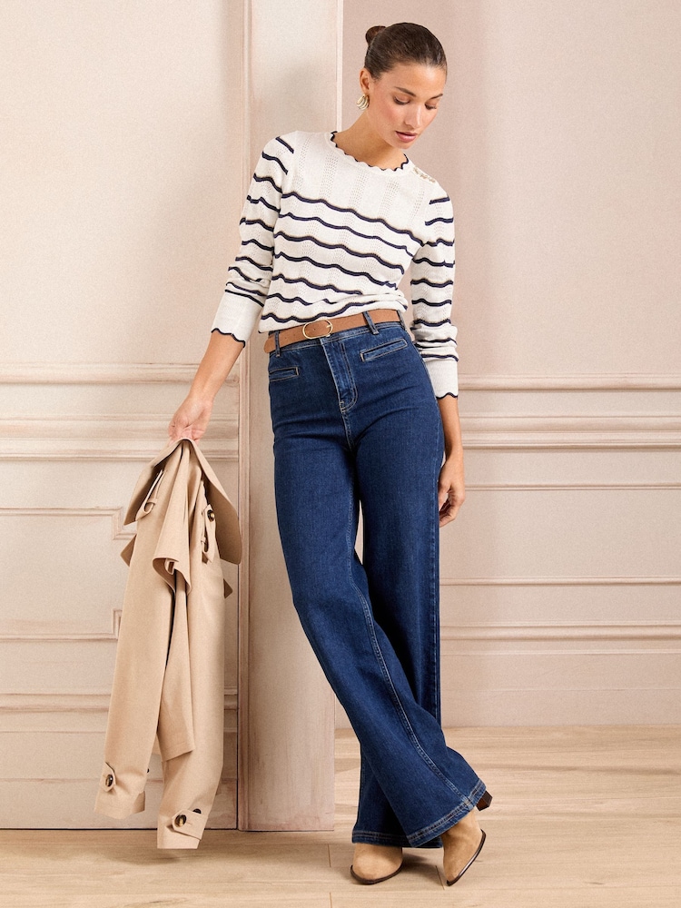Love & Roses Ivroy and Navy Stripe Petite Fine Gauge Crew Neck Knitted Jumper - Image 2 of 5