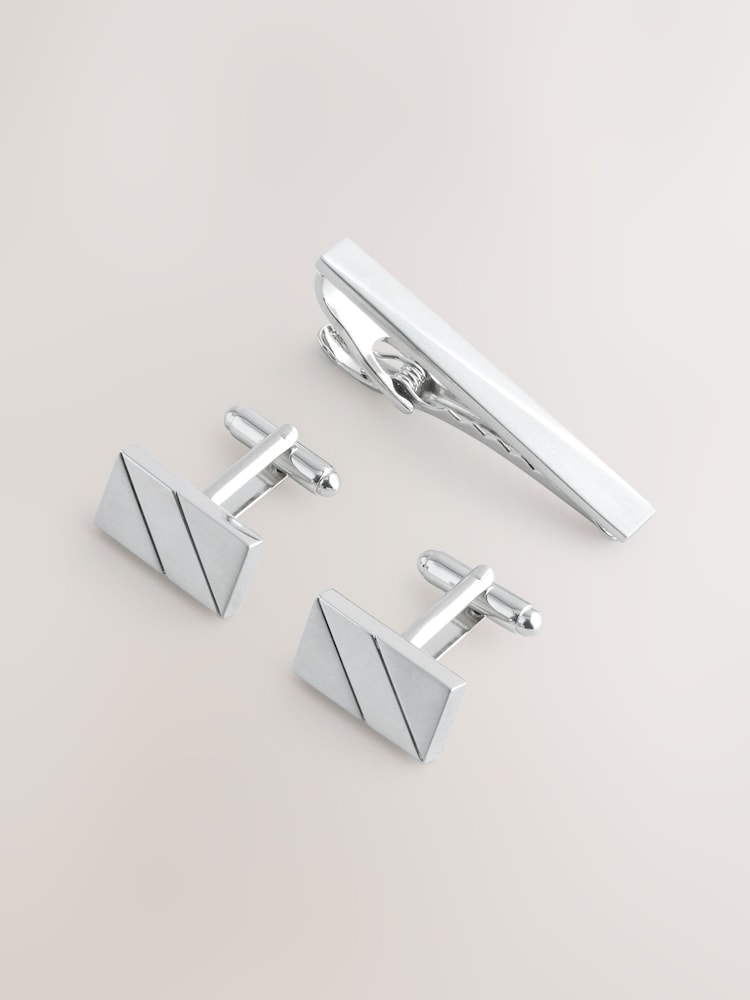 シルバートーン - Brushed Metal Cufflink and Tie Clip Set - 画像 1 / 2