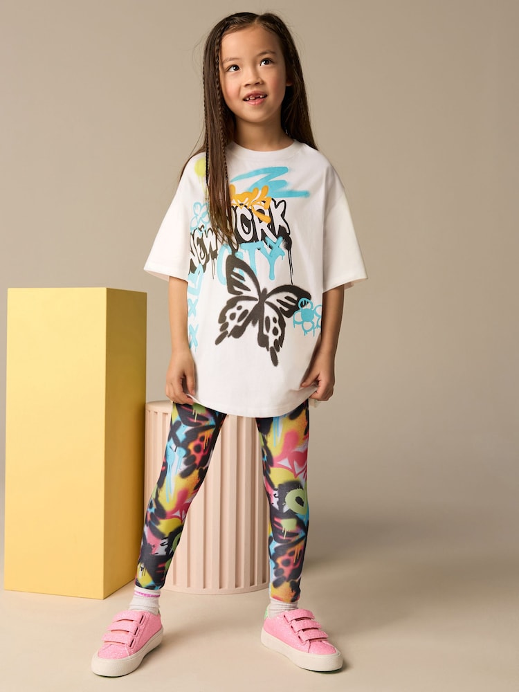 White/Blue Graffiti Oversized T-Shirt and Leggings Set (3-16yrs) - Image 1 of 6