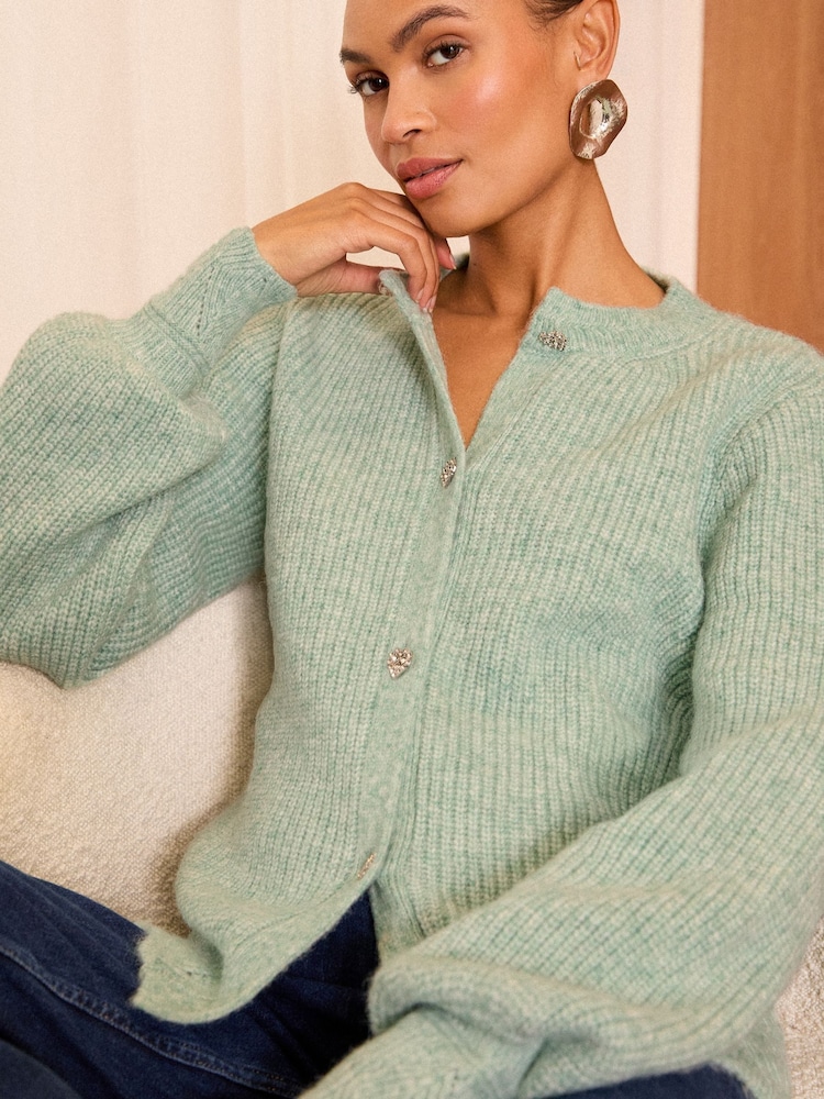 Love & Roses Green Cosy Jewel Button Knitted Cardigan - Image 1 of 4