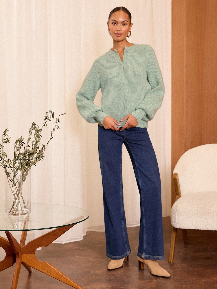 Love & Roses Green Cosy Jewel Button Knitted Cardigan - Image 3 of 4