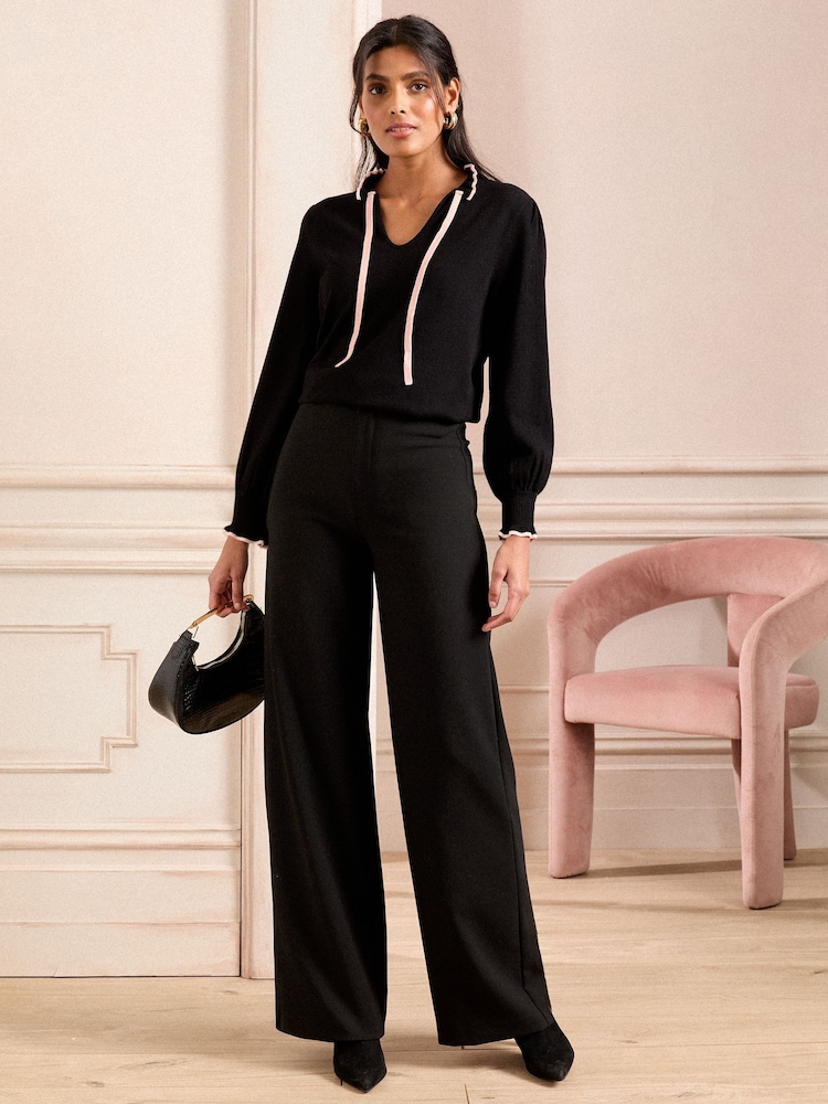 Love & Roses Black Scallop Tie Neck Knitted Jumper - Image 4 of 4