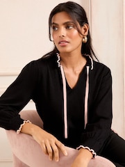 Love & Roses Black and Pink Scallop Tie Neck Knitted Jumper - Image 1 of 4