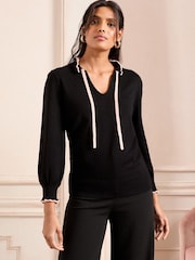 Love & Roses Black and Pink Scallop Tie Neck Knitted Jumper - Image 3 of 4