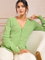 Love & Roses Green Pointelle V-Neck 100% Cotton Cardigan - Image 1 of 4