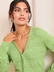 Love & Roses Green Pointelle V-Neck 100% Cotton Cardigan - Image 2 of 4