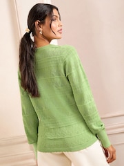 Love & Roses Green Pointelle V-Neck 100% Cotton Cardigan - Image 4 of 4