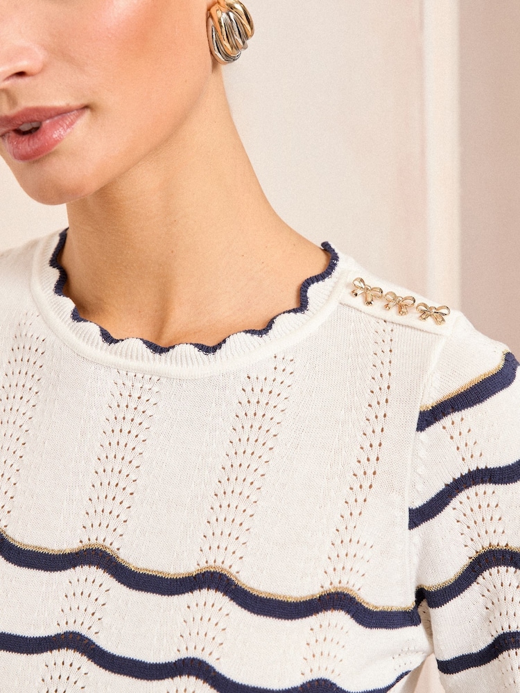 Love & Roses Ivroy and Navy Stripe Fine Gauge Crew Neck Knitted Jumper - Image 3 of 5