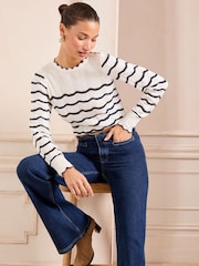 Love & Roses Ivroy and Navy Stripe Fine Gauge Crew Neck Knitted Jumper - Image 5 of 5