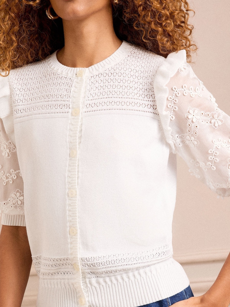 Love & Roses Ivory Broderie Woven Sleeve Knit Cardigan - Image 2 of 4 Love & Roses Ivory Broderie Woven Sleeve Knit Cardigan - Image 2 of 4