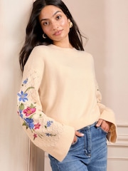 Love & Roses Ivory Floral Embroidered Pointelle Stitch Sleeve Crew Neck Knitted Jumper - Image 1 of 4