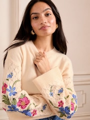 Love & Roses Ivory Floral Embroidered Pointelle Stitch Sleeve Crew Neck Knitted Jumper - Image 2 of 4