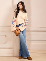 Love & Roses Ivory Floral Embroidered Pointelle Stitch Sleeve Crew Neck Knitted Jumper - Image 3 of 4