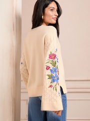 Love & Roses Ivory Floral Embroidered Pointelle Stitch Sleeve Crew Neck Knitted Jumper - Image 4 of 4