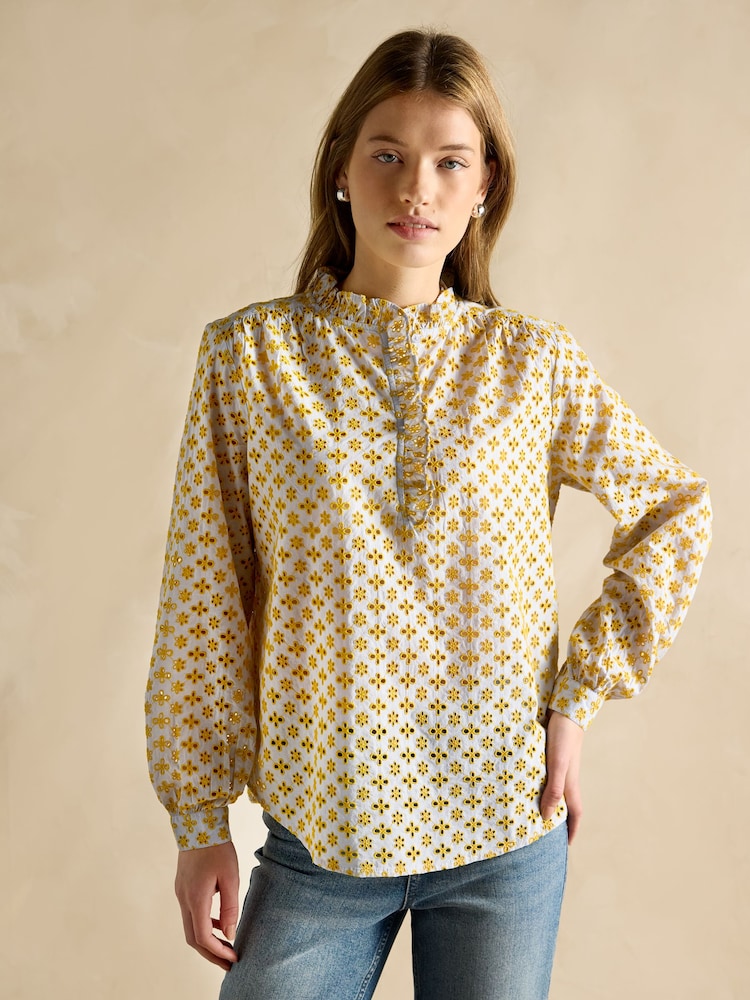 Joules Melanie Yellow Cotton Broderie Blouse - Image 1 of 7