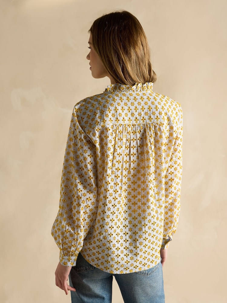 Joules Melanie Yellow Cotton Broderie Blouse - Image 2 of 7
