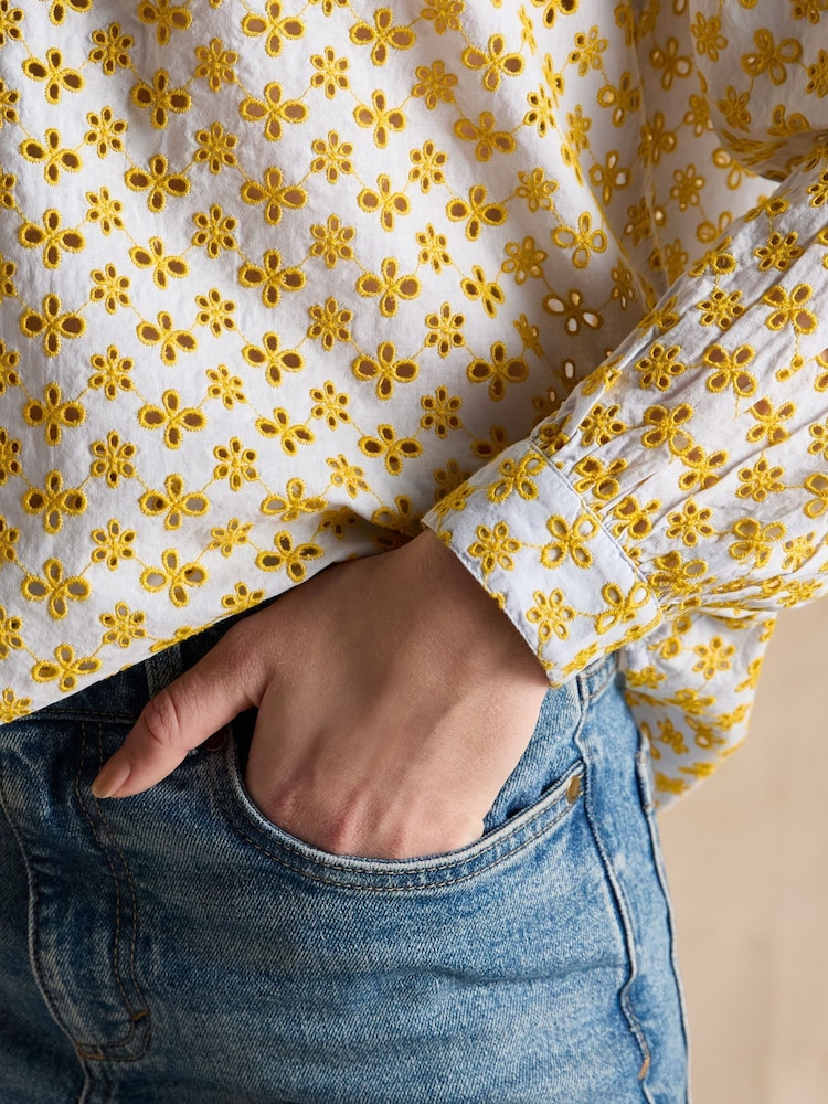 Joules Melanie Yellow Cotton Broderie Blouse - Image 6 of 7