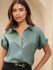 Lipsy Blue Satin Shorts Sleeve Button Through Shirt - Image 2 of 4