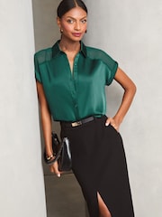 Lipsy Green Petite Satin Shorts Sleeve Button Through Shirt - Image 1 of 4