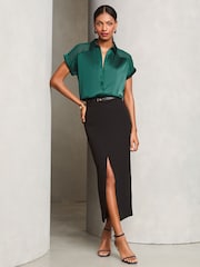 Lipsy Green Petite Satin Shorts Sleeve Button Through Shirt - Image 3 of 4