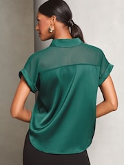 Lipsy Green Petite Satin Shorts Sleeve Button Through Shirt - Image 4 of 4
