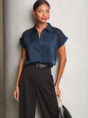 Lipsy Navy Satin Shorts Sleeve Button Through Shirt - Image 1 of 4