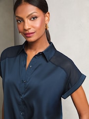 Lipsy Navy Satin Shorts Sleeve Button Through Shirt - Image 2 of 4