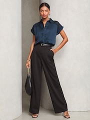 Lipsy Navy Satin Shorts Sleeve Button Through Shirt - Image 3 of 4