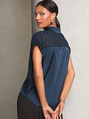 Lipsy Navy Satin Shorts Sleeve Button Through Shirt - Image 4 of 4