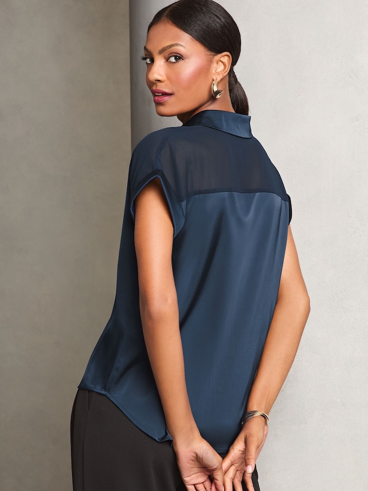 Lipsy Navy Satin Shorts Sleeve Button Through Shirt - Image 4 of 4