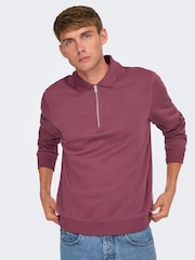 Only & Sons Burgundy Quarter Zip Long Sleeve Polo Jumper - Image 1 of 7