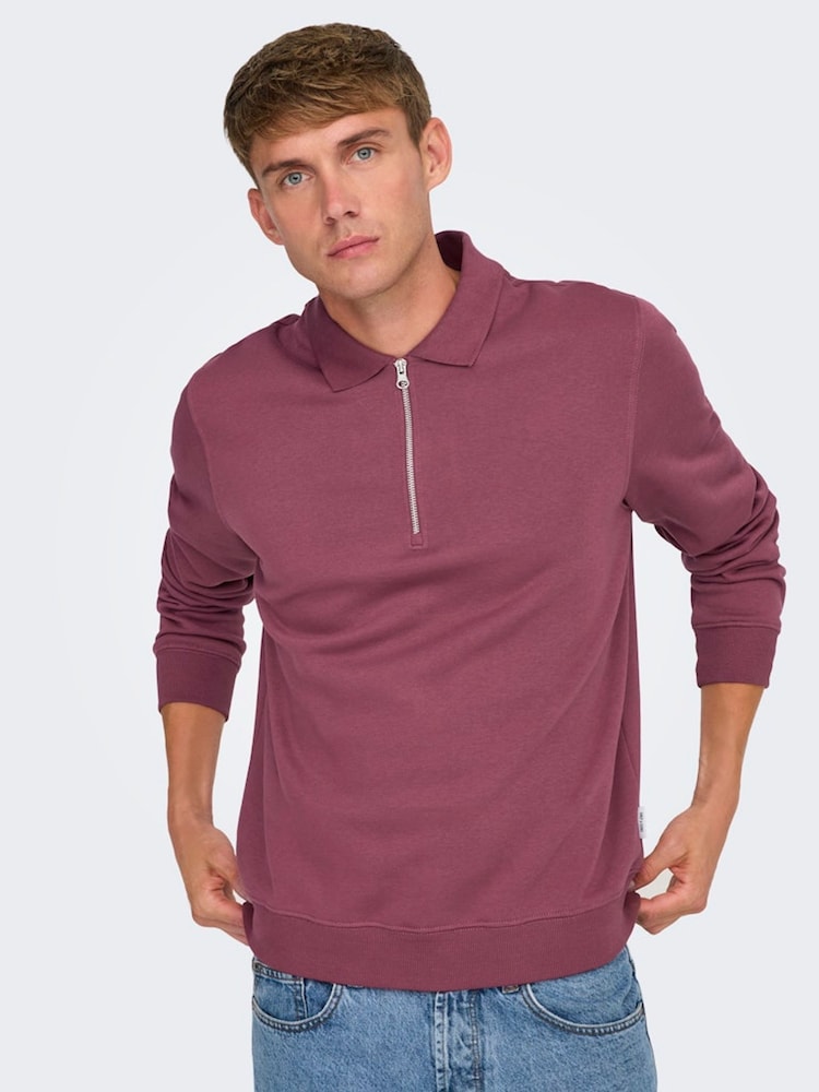 Only & Sons Burgundy Quarter Zip Long Sleeve Polo Jumper - Image 1 of 7