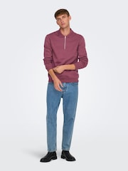 Only & Sons Burgundy Quarter Zip Long Sleeve Polo Jumper - Image 3 of 7