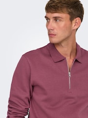 Only & Sons Burgundy Quarter Zip Long Sleeve Polo Jumper - Image 4 of 7