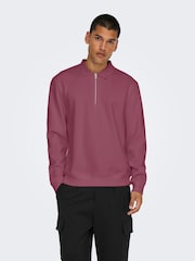 Only & Sons Burgundy Quarter Zip Long Sleeve Polo Jumper - Image 5 of 7