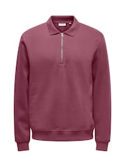 Only & Sons Burgundy Quarter Zip Long Sleeve Polo Jumper - Image 6 of 7