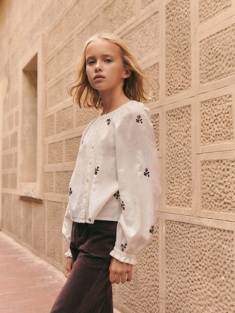 Mango Cream Floral Embroidery 100% Cotton Blouse - Image 1 of 4
