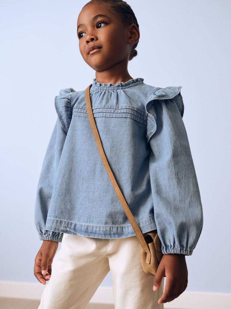 Mango Blue Frilled Denim 100% Cotton Shirt - Image 1 of 1 Mango Blue Frilled Denim 100% Cotton Shirt - Image 1 of 1